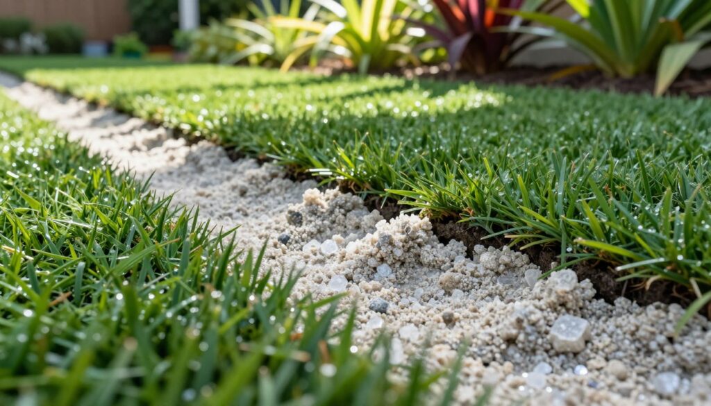 A close-up view of pale hard-water residue accumulating beside vibrant green turf, showcasing the contrast between the mineral deposits and the lush grass. In the foreground, the textured surface of the residue is highlighted, with small crystalline details catching the light. The middle ground features a well-maintained irrigated border with ornamental plants, adding depth and vibrant colors to the scene. In the background, gentle sunlight dapples through the leaves, casting soft shadows and creating a tranquil atmosphere. The lens captures the image from a low angle, emphasizing the layers of texture and color. The overall mood is serene and inviting, perfect for showcasing the beauty of outdoor spaces enhanced by synthetic turf solutions.