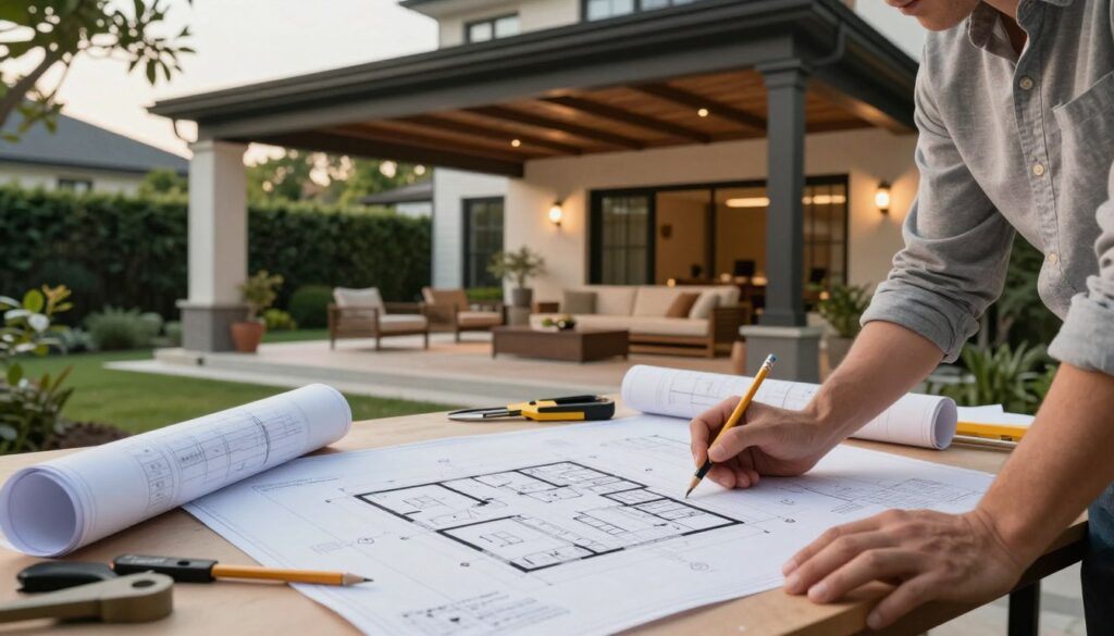 A detailed architectural diagram of a covered patio, laid out on a sturdy drafting table surrounded by blueprints and construction tools. In the foreground, a professional architect, dressed in business casual attire, scrutinizes the plans with a pencil in hand. The middle ground features the patio design itself: a spacious outdoor area with comfortable seating, a ceiling with wooden beams, and elegant lighting fixtures, all set against a lush garden backdrop. The background showcases a modern home, integrating seamlessly with the outdoor living space. Soft natural light filters in, creating a warm, inviting atmosphere, while a wide-angle lens captures the expansive layout, emphasizing the harmony of design and function for residential construction. A detailed architectural diagram of a covered patio, laid out on a sturdy drafting table surrounded by blueprints and construction tools. In the foreground, a professional architect, dressed in business casual attire, scrutinizes the plans with a pencil in hand. The middle ground features the patio design itself: a spacious outdoor area with comfortable seating, a ceiling with wooden beams, and elegant lighting fixtures, all set against a lush garden backdrop. The background showcases a modern home, integrating seamlessly with the outdoor living space. Soft natural light filters in, creating a warm, inviting atmosphere, while a wide-angle lens captures the expansive layout, emphasizing the harmony of design and function for residential construction.