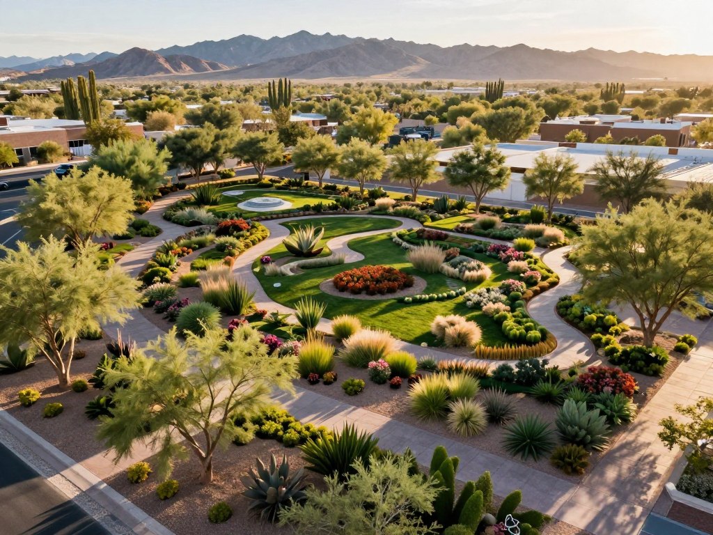 A detailed landscape design plan for a Las Vegas project, showcasing a meticulously mapped planting scheme that integrates shade-providing trees, winding paths, and an efficient drainage system. In the foreground, lush green plants and trees create a cool environment, while thoughtfully placed paths guide viewers through the layout. The middle ground features a variety of flowering shrubs and ornamental grasses, demonstrating diverse planting textures and colors. In the background, distant desert mountains provide a stark yet beautiful contrast, showcasing the unique Las Vegas landscape. The scene is illuminated by warm, golden sunlight, casting soft shadows and highlighting the plan's intricacies. The atmosphere is professional and serene, emphasizing a successful integration of nature into urban development. The perspective should be aerial, allowing an overview of the entire design layout without any text or overlays. A detailed landscape design plan for a Las Vegas project, showcasing a meticulously mapped planting scheme that integrates shade-providing trees, winding paths, and an efficient drainage system. In the foreground, lush green plants and trees create a cool environment, while thoughtfully placed paths guide viewers through the layout. The middle ground features a variety of flowering shrubs and ornamental grasses, demonstrating diverse planting textures and colors. In the background, distant desert mountains provide a stark yet beautiful contrast, showcasing the unique Las Vegas landscape. The scene is illuminated by warm, golden sunlight, casting soft shadows and highlighting the plan's intricacies. The atmosphere is professional and serene, emphasizing a successful integration of nature into urban development. The perspective should be aerial, allowing an overview of the entire design layout without any text or overlays.