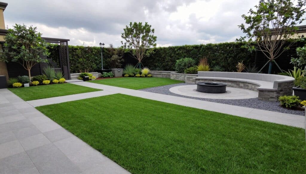 A detailed measured yard plan showcasing lush synthetic turf areas interspersed with well-defined existing hardscape features such as stone pathways and seating areas. In the foreground, vibrant, green turf contrasts with gray pavers, creating a tidy and inviting visual. The middle ground displays a combination of various hardscapes, including a circular patio and a small water feature, surrounded by decorative gravel. In the background, soft natural light filters through a cloudy sky, promoting a serene, outdoor atmosphere. The angle captures a broad view of the yard, emphasizing the harmonious balance between lush greenery and structured landscapes. The overall mood is calm and inviting, perfect for illustrating modern outdoor solutions.