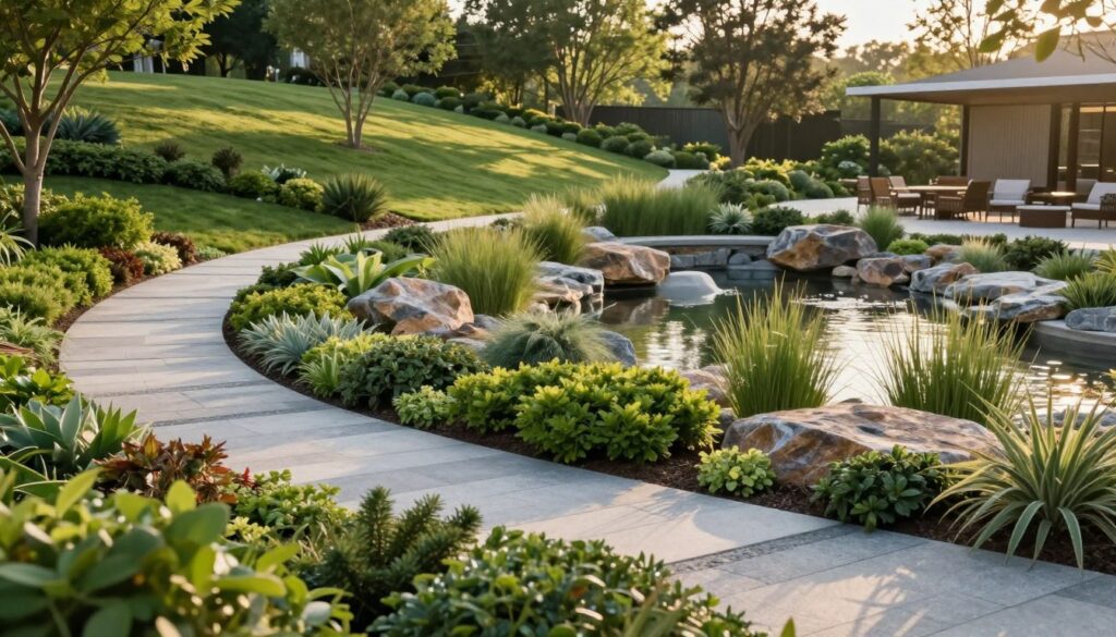 A detailed, sloped landscape designed for an outdoor living space project, showcasing effective drainage solutions and accessible pathways. In the foreground, include neatly arranged stone pathways leading through lush, manicured shrubs and low-maintenance plants. The middle ground features a small retention pond surrounded by decorative rocks and grasses, enhancing the landscape’s natural beauty while illustrating drainage management. In the background, a gentle slope rises with a variety of trees and shaded seating areas. The scene is bathed in warm, soft afternoon sunlight, casting gentle shadows. The camera angle captures the depth and contours of the terrain, emphasizing the usability of the space. The overall mood is serene and inviting, perfect for outdoor gatherings. A detailed, sloped landscape designed for an outdoor living space project, showcasing effective drainage solutions and accessible pathways. In the foreground, include neatly arranged stone pathways leading through lush, manicured shrubs and low-maintenance plants. The middle ground features a small retention pond surrounded by decorative rocks and grasses, enhancing the landscape’s natural beauty while illustrating drainage management. In the background, a gentle slope rises with a variety of trees and shaded seating areas. The scene is bathed in warm, soft afternoon sunlight, casting gentle shadows. The camera angle captures the depth and contours of the terrain, emphasizing the usability of the space. The overall mood is serene and inviting, perfect for outdoor gatherings.