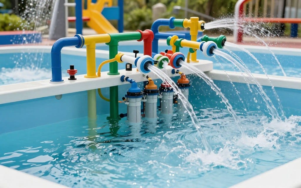 A detailed view of a holding tank and filter room designed for a splash pad, showcasing intricate plumbing and spray nozzles effectively feeding water back to the vibrant splash pad. In the foreground, display a series of bright, colorful spray nozzles activated in playful arcs, emphasizing movement and water flow. The middle section should highlight the holding tank with visible water levels and filtration systems, utilizing a clean, bright design for clarity. In the background, soft natural lighting filters in, creating a refreshing atmosphere that embodies a fun, family-friendly recreational space. Capture the scene from a slightly elevated angle to generate depth, with a focus on capturing the interplay of water reflections and the engineering behind the splash pad operation. A detailed view of a holding tank and filter room designed for a splash pad, showcasing intricate plumbing and spray nozzles effectively feeding water back to the vibrant splash pad. In the foreground, display a series of bright, colorful spray nozzles activated in playful arcs, emphasizing movement and water flow. The middle section should highlight the holding tank with visible water levels and filtration systems, utilizing a clean, bright design for clarity. In the background, soft natural lighting filters in, creating a refreshing atmosphere that embodies a fun, family-friendly recreational space. Capture the scene from a slightly elevated angle to generate depth, with a focus on capturing the interplay of water reflections and the engineering behind the splash pad operation.