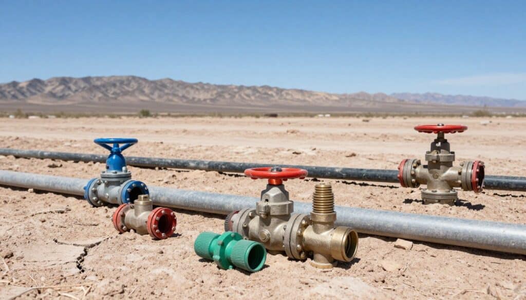 A detailed view of various irrigation system components exposed to the bright, blazing sun of Las Vegas. In the foreground, showcase a variety of irrigation pipes, valves, and connectors, highlighting their textures and colors, slightly weathered from the intense heat. The middle layer features a patch of dry, cracked soil, emphasizing the arid surroundings. Behind, the vast desert landscape stretches out, with distant hills under a clear blue sky, enhancing the sense of heat. The sunlight creates sharp shadows, accentuating the shapes and details of the components. The atmosphere is dry and stark, reflecting the harsh environment that these irrigation systems must endure. Use a wide-angle lens to capture the entire scene, portraying both the intricate components and the expansive backdrop.