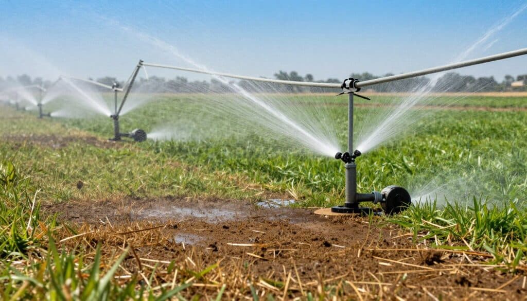 A dry lawn with distinct brown patches prominently displayed in the foreground, contrasting with active irrigation heads spraying clear water droplets. The middle ground features lush green grass surrounding the irrigation systems, highlighting the stark difference in water distribution. In the background, a bright blue sky accentuates the scene, with soft sunlight casting gentle shadows across the landscape. The focus of the image should be sharp on the lawn patches and irrigation heads, captured from a slightly elevated angle to provide depth. The overall mood conveys a sense of urgency and attention to water management in an arid environment, enhancing the visual narrative of irrigation challenges.