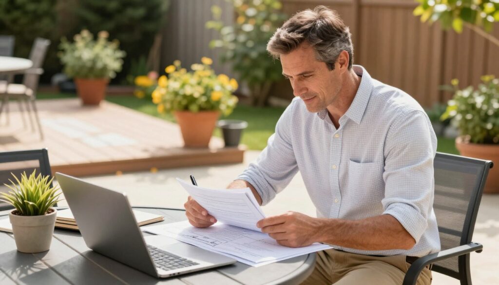 A focused homeowner, a middle-aged Caucasian man, is seated at a well-organized outdoor table in a sunlit backyard, reviewing detailed project scope and budget notes for an outdoor living space renovation. He is dressed in smart casual attire, showcasing a light checkered shirt and khaki pants. Surrounding him are vibrant potted plants and a partially completed patio in the background, capturing the essence of outdoor improvement. The lighting is warm and natural, highlighting his concentrated expression as he makes notes with a pen. The scene conveys a sense of professionalism and preparation, framed from a slight angle to showcase both the homeowner and the inviting outdoor environment. The mood is optimistic and constructive, emphasizing careful planning for a beautiful outdoor space. A focused homeowner, a middle-aged Caucasian man, is seated at a well-organized outdoor table in a sunlit backyard, reviewing detailed project scope and budget notes for an outdoor living space renovation. He is dressed in smart casual attire, showcasing a light checkered shirt and khaki pants. Surrounding him are vibrant potted plants and a partially completed patio in the background, capturing the essence of outdoor improvement. The lighting is warm and natural, highlighting his concentrated expression as he makes notes with a pen. The scene conveys a sense of professionalism and preparation, framed from a slight angle to showcase both the homeowner and the inviting outdoor environment. The mood is optimistic and constructive, emphasizing careful planning for a beautiful outdoor space.