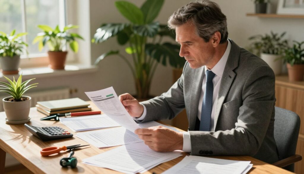 A focused homeowner, a middle-aged white man in professional business attire, is seated at a wooden desk cluttered with papers and gardening tools. He is intently comparing an itemized planting estimate, with a calculator in hand, studying the details closely. The desk is illuminated by warm, natural light streaming in from a nearby window, casting soft shadows that enhance the sense of a cozy home office. In the background, lush green plants are visible, suggesting a vibrant interest in gardening. The atmosphere is one of contemplation and decision-making, with an organized yet busy feel, reflecting the importance of making informed choices before hiring planting services. The scene is shot from a slightly elevated angle to capture both the desk's details and the homeowner's focused expression. A focused homeowner, a middle-aged white man in professional business attire, is seated at a wooden desk cluttered with papers and gardening tools. He is intently comparing an itemized planting estimate, with a calculator in hand, studying the details closely. The desk is illuminated by warm, natural light streaming in from a nearby window, casting soft shadows that enhance the sense of a cozy home office. In the background, lush green plants are visible, suggesting a vibrant interest in gardening. The atmosphere is one of contemplation and decision-making, with an organized yet busy feel, reflecting the importance of making informed choices before hiring planting services. The scene is shot from a slightly elevated angle to capture both the desk's details and the homeowner's focused expression.