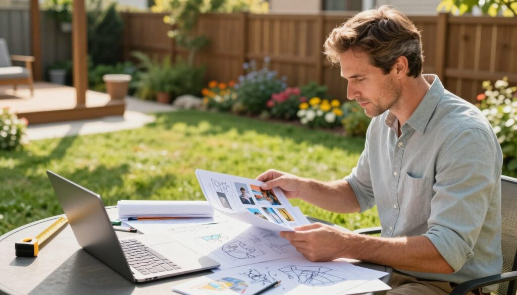 A focused white homeowner meticulously gathers photos and notes for a backyard project estimate, seated at an outdoor table in a bright, sunlit garden. In the foreground, there are colorful sketches, a laptop, and measuring tools spread out. The homeowner, dressed in professional casual attire, is flipping through a folder, thoughtfully looking at the materials. In the middle ground, lush green grass and vibrant flower beds create a serene atmosphere, complemented by a wooden fence. In the background, a partially constructed outdoor deck is visible, hinting at ongoing planning. The scene is bathed in warm afternoon sunlight, creating a cheerful and productive mood, while soft shadows add depth. The angle captures both the homeowner's focused expression and the beautiful surroundings, emphasizing the importance of thoughtful design in outdoor living spaces. A focused white homeowner meticulously gathers photos and notes for a backyard project estimate, seated at an outdoor table in a bright, sunlit garden. In the foreground, there are colorful sketches, a laptop, and measuring tools spread out. The homeowner, dressed in professional casual attire, is flipping through a folder, thoughtfully looking at the materials. In the middle ground, lush green grass and vibrant flower beds create a serene atmosphere, complemented by a wooden fence. In the background, a partially constructed outdoor deck is visible, hinting at ongoing planning. The scene is bathed in warm afternoon sunlight, creating a cheerful and productive mood, while soft shadows add depth. The angle captures both the homeowner's focused expression and the beautiful surroundings, emphasizing the importance of thoughtful design in outdoor living spaces.