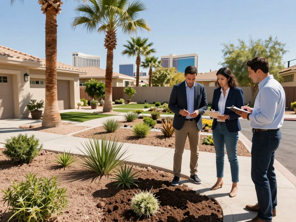 A landscape design team, consisting of three professionals in business casual attire, is reviewing a residential yard in Las Vegas. In the foreground, two specialists are examining a sample of soil and discussing landscaping options under the bright sunshine, while a third member takes notes on a clipboard. The middle ground features the yard with areas of sunlight and shade created by a few palm trees and carefully placed shrubs. In the background, the distinctive Las Vegas skyline glimmers under a clear blue sky. The scene conveys a productive and collaborative atmosphere, with dynamic lighting reflecting the midday sun, highlighting the textures of the plants and the soil. The angle captures both the team’s engaged expressions and the beauty of the landscape they are assessing. A landscape design team, consisting of three professionals in business casual attire, is reviewing a residential yard in Las Vegas. In the foreground, two specialists are examining a sample of soil and discussing landscaping options under the bright sunshine, while a third member takes notes on a clipboard. The middle ground features the yard with areas of sunlight and shade created by a few palm trees and carefully placed shrubs. In the background, the distinctive Las Vegas skyline glimmers under a clear blue sky. The scene conveys a productive and collaborative atmosphere, with dynamic lighting reflecting the midday sun, highlighting the textures of the plants and the soil. The angle captures both the team’s engaged expressions and the beauty of the landscape they are assessing.