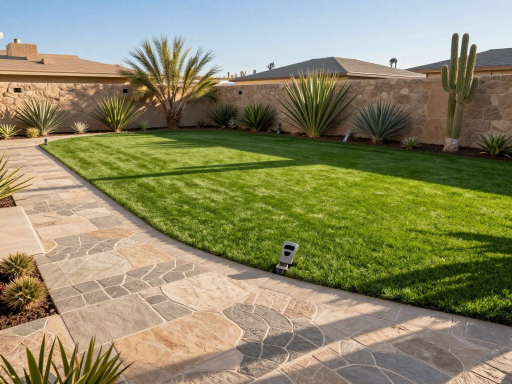 A lush, inviting entry-level landscape design showcases a combination of elegant pavers, vibrant green turf, and a well-integrated drip irrigation system. In the foreground, a pathway made of intricately patterned stone pavers leads the eye further into the scene. The middle ground features a perfectly manicured stretch of artificial turf, glistening under the soft, golden sunlight that highlights its rich texture. The background is framed by low-maintenance desert plants, adding an organic touch while ensuring water efficiency. A bright blue sky contrasts with the earthy tones of the landscape, creating a serene and welcoming atmosphere. Capture this scene with a slight bird's eye view angle to encompass the layout clearly, emphasizing design elements that are both practical and aesthetically pleasing. A lush, inviting entry-level landscape design showcases a combination of elegant pavers, vibrant green turf, and a well-integrated drip irrigation system. In the foreground, a pathway made of intricately patterned stone pavers leads the eye further into the scene. The middle ground features a perfectly manicured stretch of artificial turf, glistening under the soft, golden sunlight that highlights its rich texture. The background is framed by low-maintenance desert plants, adding an organic touch while ensuring water efficiency. A bright blue sky contrasts with the earthy tones of the landscape, creating a serene and welcoming atmosphere. Capture this scene with a slight bird's eye view angle to encompass the layout clearly, emphasizing design elements that are both practical and aesthetically pleasing.