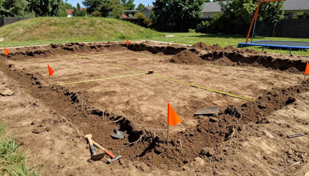 A marked excavation area planned for in-ground trampoline installation, featuring clear outlines of the digging site with stakes and bright orange flags signaling the boundaries. The foreground shows a neatly excavated section of soil, with rich brown earth and exposed roots, and a few small tools like a shovel and pickaxe lying nearby. In the middle ground, neatly piled dirt mounds indicate the digging progress, and a measuring tape can be seen extending across the area. The background features a nearby grassy yard with knoll and trees under a sunny blue sky. The lighting is bright and inviting, enhancing the clarity of the marked area. The atmosphere conveys a sense of preparation and excitement for the installation process. A marked excavation area planned for in-ground trampoline installation, featuring clear outlines of the digging site with stakes and bright orange flags signaling the boundaries. The foreground shows a neatly excavated section of soil, with rich brown earth and exposed roots, and a few small tools like a shovel and pickaxe lying nearby. In the middle ground, neatly piled dirt mounds indicate the digging progress, and a measuring tape can be seen extending across the area. The background features a nearby grassy yard with knoll and trees under a sunny blue sky. The lighting is bright and inviting, enhancing the clarity of the marked area. The atmosphere conveys a sense of preparation and excitement for the installation process.