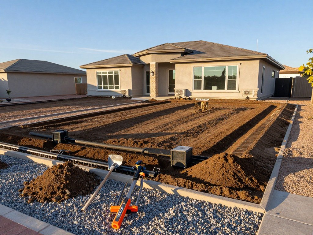 A serene landscape site showcasing a recently graded soil area with proper drainage installations beside a modern, elegant home. In the foreground, tools and equipment for landscaping work are neatly arranged, with piles of freshly moved soil and gravel indicating active construction. The middle ground features the graded soil sloping gently, with visible drainage ditches and pipes installed to ensure proper water runoff. In the background, the home stands proudly, with a clear blue sky above and soft sunlight casting gentle shadows. The overall atmosphere is one of productivity and professionalism, reflecting a well-planned construction project in a vibrant Las Vegas setting. The image should be captured from a slightly elevated angle, emphasizing the organized layout and design elements without any distractions. A serene landscape site showcasing a recently graded soil area with proper drainage installations beside a modern, elegant home. In the foreground, tools and equipment for landscaping work are neatly arranged, with piles of freshly moved soil and gravel indicating active construction. The middle ground features the graded soil sloping gently, with visible drainage ditches and pipes installed to ensure proper water runoff. In the background, the home stands proudly, with a clear blue sky above and soft sunlight casting gentle shadows. The overall atmosphere is one of productivity and professionalism, reflecting a well-planned construction project in a vibrant Las Vegas setting. The image should be captured from a slightly elevated angle, emphasizing the organized layout and design elements without any distractions.