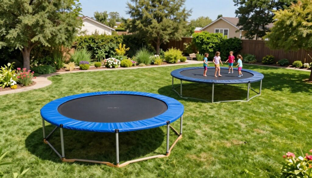 A sunny backyard scene showcasing both an above-ground trampoline and an in-ground trampoline nestled beside a lush green lawn. In the foreground, the vibrant blue above-ground trampoline stands out, surrounded by a wooden safety enclosure. In the middle, the sleek, sunk-in trampoline with its circular mat is flush with the grassy surface, blending harmoniously into the landscape while a few cheerful children, dressed in colorful shorts and T-shirts, play nearby. The background features a well-maintained garden with blooming flowers and a few tall trees casting gentle shadows. The scene is brightly lit, capturing a warm, inviting atmosphere, with a clear blue sky overhead. The angle of the shot is slightly elevated, emphasizing the layout and depth of the yard. A sunny backyard scene showcasing both an above-ground trampoline and an in-ground trampoline nestled beside a lush green lawn. In the foreground, the vibrant blue above-ground trampoline stands out, surrounded by a wooden safety enclosure. In the middle, the sleek, sunk-in trampoline with its circular mat is flush with the grassy surface, blending harmoniously into the landscape while a few cheerful children, dressed in colorful shorts and T-shirts, play nearby. The background features a well-maintained garden with blooming flowers and a few tall trees casting gentle shadows. The scene is brightly lit, capturing a warm, inviting atmosphere, with a clear blue sky overhead. The angle of the shot is slightly elevated, emphasizing the layout and depth of the yard.