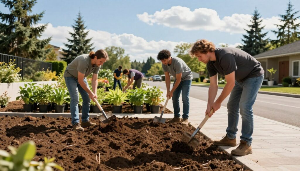 A team of professional landscapers in modest casual clothing is preparing soil for landscape installation beside a well-defined walkway. In the foreground, two workers dig and turn the rich, dark soil using gardening tools, with focused expressions of determination. In the middle ground, vibrant green plants are arranged neatly in pots, ready for placement. The background features a sunny, blue sky with a few fluffy white clouds and evergreen trees lining the walkway, creating a serene atmosphere. The scene is illuminated with warm, natural sunlight, casting soft shadows that enhance the textures of the soil and plants. The angle is slightly above eye level, providing a clear view of the teamwork and preparation process. The overall mood is industrious and positive, capturing the essence of professional landscaping work. A team of professional landscapers in modest casual clothing is preparing soil for landscape installation beside a well-defined walkway. In the foreground, two workers dig and turn the rich, dark soil using gardening tools, with focused expressions of determination. In the middle ground, vibrant green plants are arranged neatly in pots, ready for placement. The background features a sunny, blue sky with a few fluffy white clouds and evergreen trees lining the walkway, creating a serene atmosphere. The scene is illuminated with warm, natural sunlight, casting soft shadows that enhance the textures of the soil and plants. The angle is slightly above eye level, providing a clear view of the teamwork and preparation process. The overall mood is industrious and positive, capturing the essence of professional landscaping work.