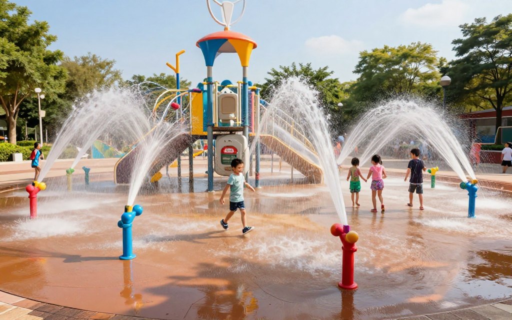 A vibrant splash pad deck filled with engaging water features and colorful nozzles, joyfully spraying water in various patterns. The foreground showcases an intricate layout of brightly colored water jets, highlighting the playful atmosphere for children. In the middle ground, families can be seen enjoying the sprinkles, with some children laughing as they run through the arcs of water. The background reveals a well-constructed pump room, with pipes and controls, blending seamlessly into the scene. Soft sunlight filters through the trees, casting playful shadows and creating a warm, inviting mood. The image is captured from a slightly elevated angle to emphasize the expansive layout and the lively activity, with a crystal-clear blue sky above, enhancing the overall cheerful ambiance. A vibrant splash pad deck filled with engaging water features and colorful nozzles, joyfully spraying water in various patterns. The foreground showcases an intricate layout of brightly colored water jets, highlighting the playful atmosphere for children. In the middle ground, families can be seen enjoying the sprinkles, with some children laughing as they run through the arcs of water. The background reveals a well-constructed pump room, with pipes and controls, blending seamlessly into the scene. Soft sunlight filters through the trees, casting playful shadows and creating a warm, inviting mood. The image is captured from a slightly elevated angle to emphasize the expansive layout and the lively activity, with a crystal-clear blue sky above, enhancing the overall cheerful ambiance.