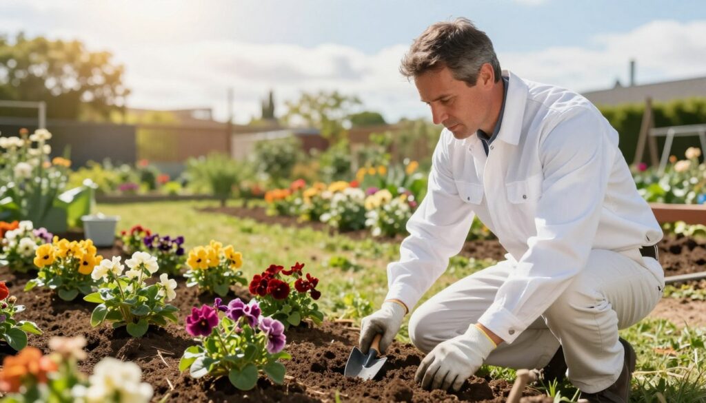 A white landscape contractor in professional attire is examining the soil near newly planted garden flowers. In the foreground, the contractor, a middle-aged man with a focused expression, kneels beside vibrant, blooming plants, wearing gloves and holding a small trowel. The middle ground features a freshly tilled garden bed, rich brown soil contrasted against the colorful foliage of diverse plants. In the background, a sunny sky with light clouds casts a warm glow over the scene, enhancing the lush greenery of a well-maintained garden area. The composition should be shot from a slightly elevated angle to capture both the contractor's concentration and the variety of plants being assessed, creating a serene and focused atmosphere of professional gardening. A white landscape contractor in professional attire is examining the soil near newly planted garden flowers. In the foreground, the contractor, a middle-aged man with a focused expression, kneels beside vibrant, blooming plants, wearing gloves and holding a small trowel. The middle ground features a freshly tilled garden bed, rich brown soil contrasted against the colorful foliage of diverse plants. In the background, a sunny sky with light clouds casts a warm glow over the scene, enhancing the lush greenery of a well-maintained garden area. The composition should be shot from a slightly elevated angle to capture both the contractor's concentration and the variety of plants being assessed, creating a serene and focused atmosphere of professional gardening.