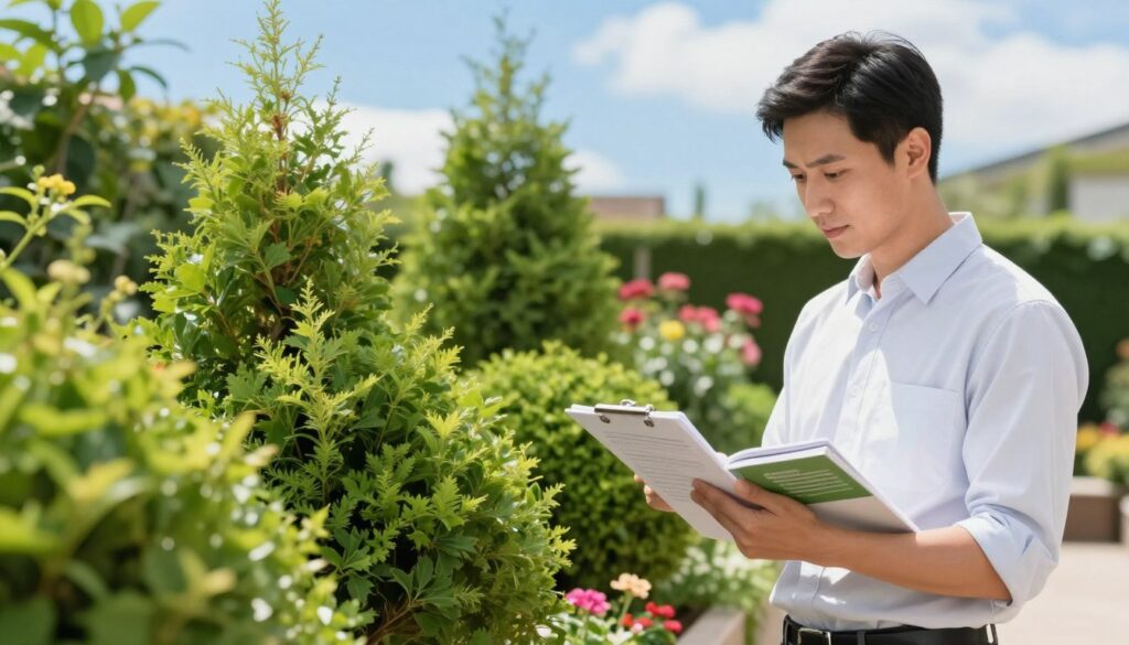 A white property manager in a smart casual outfit, carefully reading plant care instructions beside healthy, vibrant shrubs in a well-maintained garden. In the foreground, the manager holds a clipboard with notes and a small plant care book, showing an expression of concentration and engagement. The middle ground features lush green shrubs, with some colorful flowering plants interspersed, creating a sense of life and freshness. The background reveals a sunny, blue sky with a few wispy clouds, casting gentle sunlight that enhances the color contrast of the plants. The atmosphere is calm and professional, reflecting a dedication to proper plant care and landscaping management. The image is captured using a soft focus with a slight depth of field, emphasizing the subject while still showcasing the surrounding greenery. A white property manager in a smart casual outfit, carefully reading plant care instructions beside healthy, vibrant shrubs in a well-maintained garden. In the foreground, the manager holds a clipboard with notes and a small plant care book, showing an expression of concentration and engagement. The middle ground features lush green shrubs, with some colorful flowering plants interspersed, creating a sense of life and freshness. The background reveals a sunny, blue sky with a few wispy clouds, casting gentle sunlight that enhances the color contrast of the plants. The atmosphere is calm and professional, reflecting a dedication to proper plant care and landscaping management. The image is captured using a soft focus with a slight depth of field, emphasizing the subject while still showcasing the surrounding greenery.