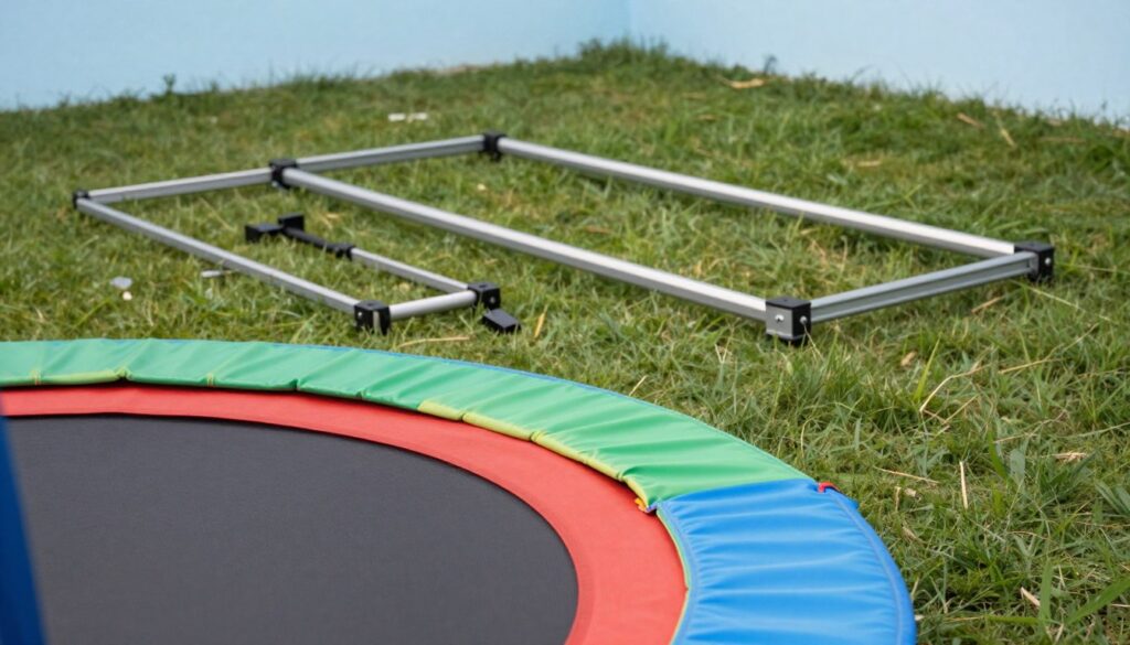 An in-ground trampoline mat and frame components laid out on a grassy surface before installation, focusing on the different parts. In the foreground, show the round trampoline mat with vibrant colors, displaying the texture clearly. Place the metal frame components, including sections and connectors, in the middle ground, slightly disassembled. The background features a clear blue sky, emphasizing the outdoor setting. Soft, natural lighting enhances the colors and materials of the equipment. Capture the scene from a low angle, creating a dynamic perspective, with a shallow depth of field to soften the background. The mood is informative and preparatory, suitable for illustrating installation tips. An in-ground trampoline mat and frame components laid out on a grassy surface before installation, focusing on the different parts. In the foreground, show the round trampoline mat with vibrant colors, displaying the texture clearly. Place the metal frame components, including sections and connectors, in the middle ground, slightly disassembled. The background features a clear blue sky, emphasizing the outdoor setting. Soft, natural lighting enhances the colors and materials of the equipment. Capture the scene from a low angle, creating a dynamic perspective, with a shallow depth of field to soften the background. The mood is informative and preparatory, suitable for illustrating installation tips.