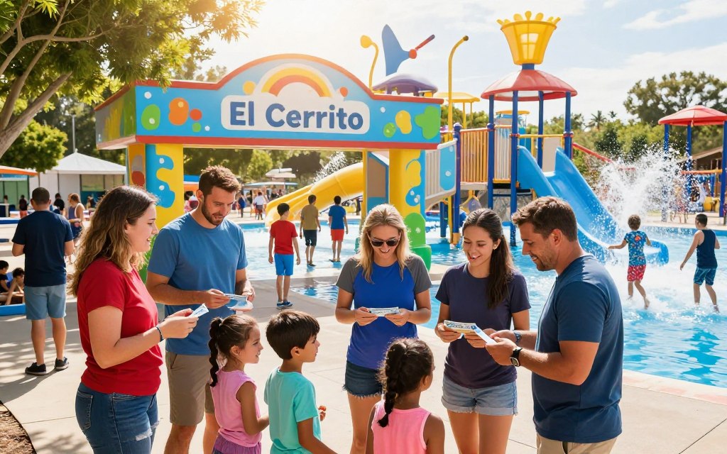 Families of diverse backgrounds, including white parents with children, are gathered at the entrance of a vibrant El Cerrito splash park, eagerly engaging in the drop-in admission process. In the foreground, a cheerful group of parents and kids is seen, enthusiastically discussing their plans for the day while holding tickets. The middle section features the park's colorful entrance, adorned with playful water-themed decorations and a large sign that indicates the park's name. Bright sunlight filters through the trees, casting a warm glow over the scene. In the background, the splash park itself comes to life with splashing water, children laughing, and parents supervising, creating a joyful and inviting atmosphere. The image captures the excitement and community spirit of a busy summer day at the splash park, with a lens focus that emphasizes the families’ interactions. Families of diverse backgrounds, including white parents with children, are gathered at the entrance of a vibrant El Cerrito splash park, eagerly engaging in the drop-in admission process. In the foreground, a cheerful group of parents and kids is seen, enthusiastically discussing their plans for the day while holding tickets. The middle section features the park's colorful entrance, adorned with playful water-themed decorations and a large sign that indicates the park's name. Bright sunlight filters through the trees, casting a warm glow over the scene. In the background, the splash park itself comes to life with splashing water, children laughing, and parents supervising, creating a joyful and inviting atmosphere. The image captures the excitement and community spirit of a busy summer day at the splash park, with a lens focus that emphasizes the families’ interactions.