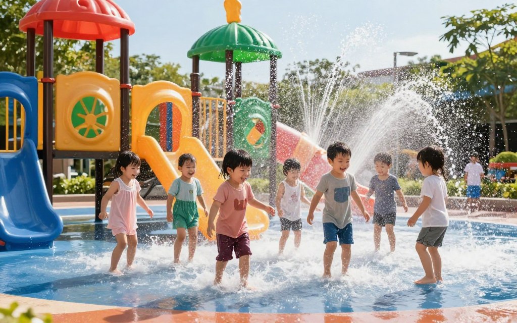 Toddlers joyfully splashing through a low ground-level spray area, surrounded by a safe and colorful play structure nearby. The scene captures a sunny afternoon, with bright sunlight reflecting off the water droplets, creating a whimsical atmosphere. In the foreground, a group of cheerful toddlers in modest, playful clothing are delighting in the spray, their expressions full of laughter and excitement. The middle ground features vibrant, colorful play equipment, like slides and climbing structures, set against a backdrop of lush greenery and a clear blue sky. The angle is slightly elevated, providing a dynamic view of the playful interaction and the energy of the splash pad, conveying a sense of fun and community. Toddlers joyfully splashing through a low ground-level spray area, surrounded by a safe and colorful play structure nearby. The scene captures a sunny afternoon, with bright sunlight reflecting off the water droplets, creating a whimsical atmosphere. In the foreground, a group of cheerful toddlers in modest, playful clothing are delighting in the spray, their expressions full of laughter and excitement. The middle ground features vibrant, colorful play equipment, like slides and climbing structures, set against a backdrop of lush greenery and a clear blue sky. The angle is slightly elevated, providing a dynamic view of the playful interaction and the energy of the splash pad, conveying a sense of fun and community.